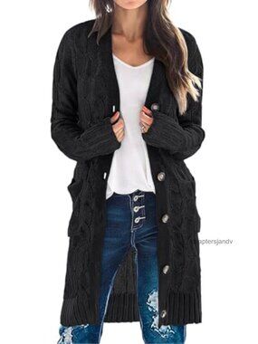 Women's Cable Knit Button Down Long Cardigan Sweater Loose Boyfriend Fit